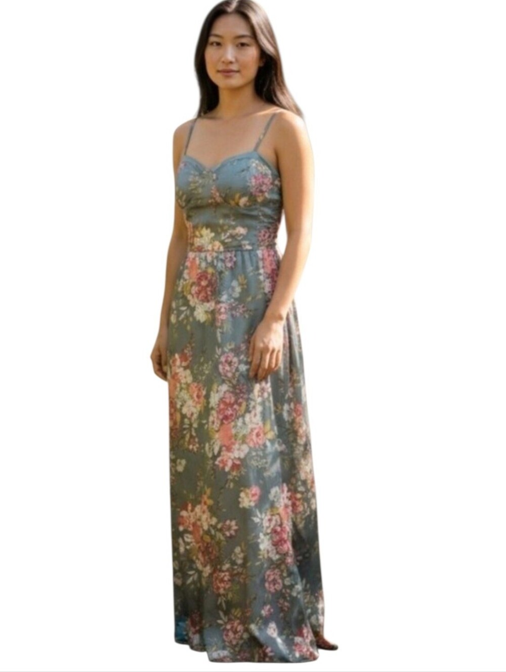 Floral Satin-like Maxi Dress with Sweetheart Neckline in Slate Green